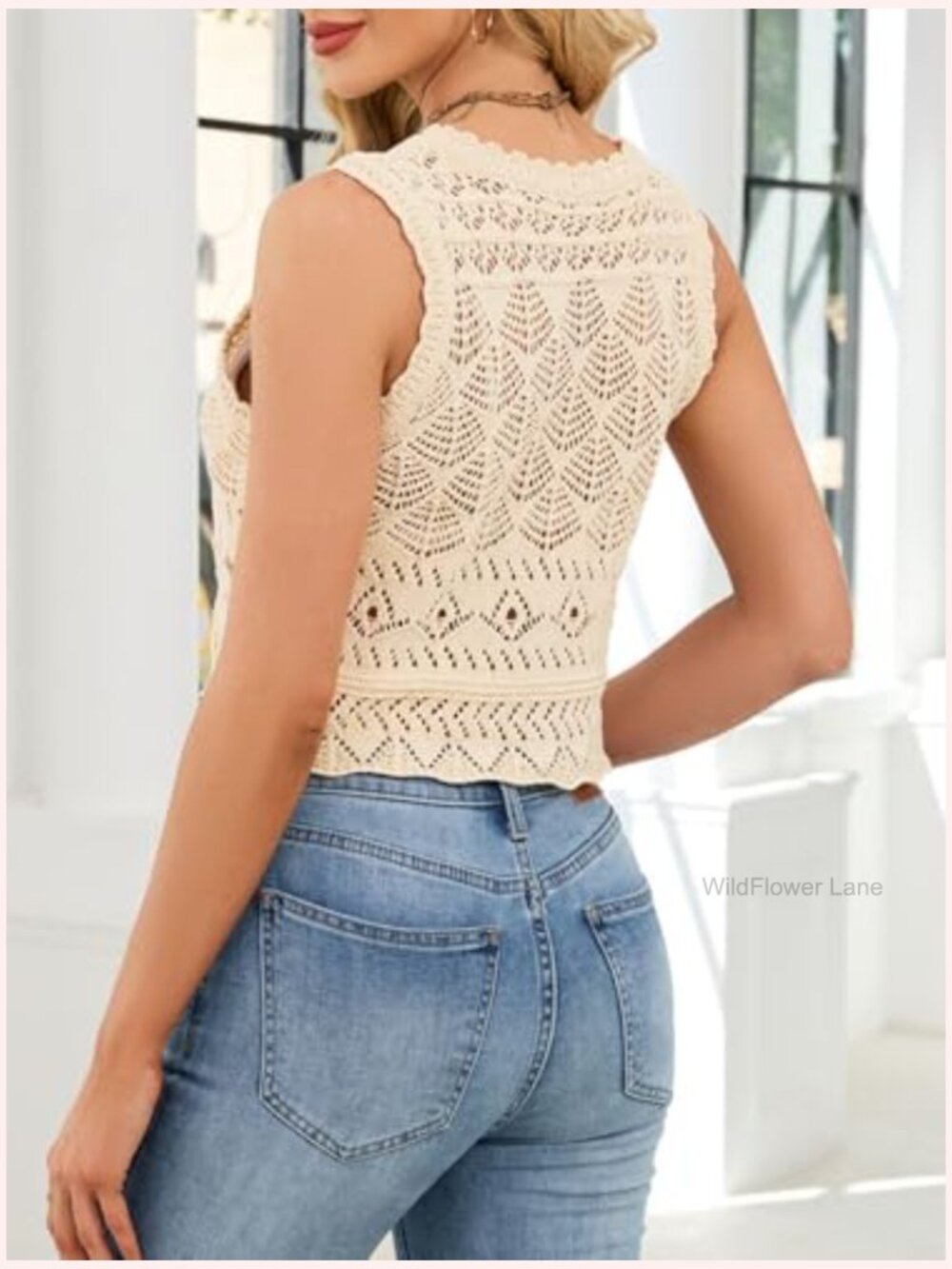 Women Sleeveless Crochet Knit Tank Top Scalloped Edge Openwork Crop Top Summer - Picture 3 of 7